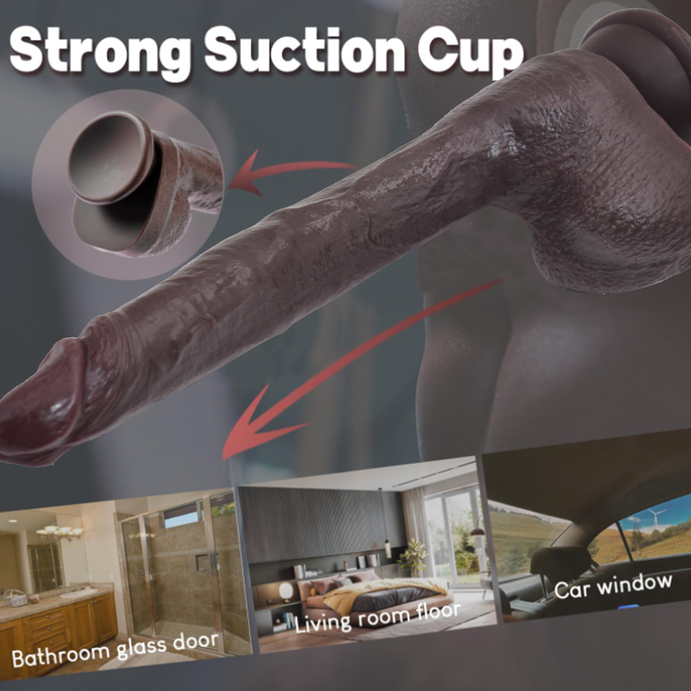 The non-functional adult humanized silicone prosthetic penis is brownish-black