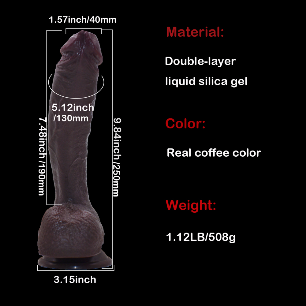 The non-functional adult humanized silicone prosthetic penis is brownish-black