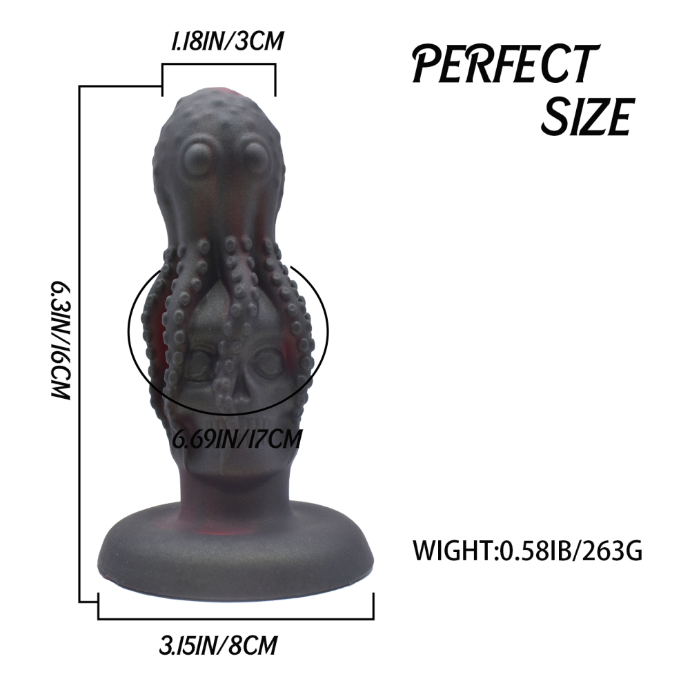 The false penis in the shape of an octopus skull anus plug is made of silicone and has suction cups