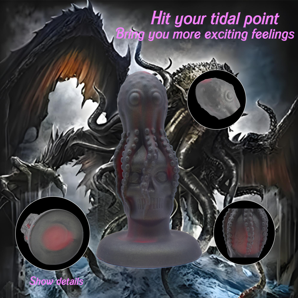 The false penis in the shape of an octopus skull anus plug is made of silicone and has suction cups