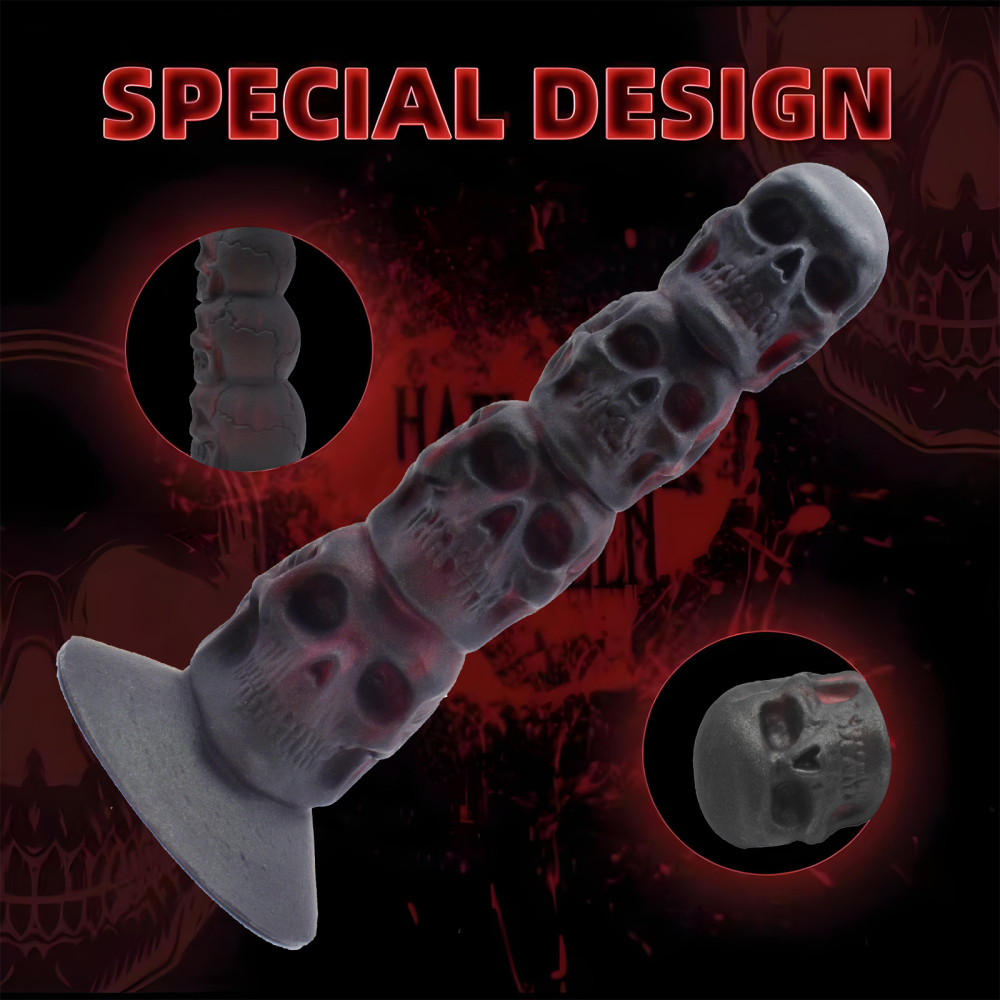 Silicone prosthetic penis in the shape of a skull of the opposite sex