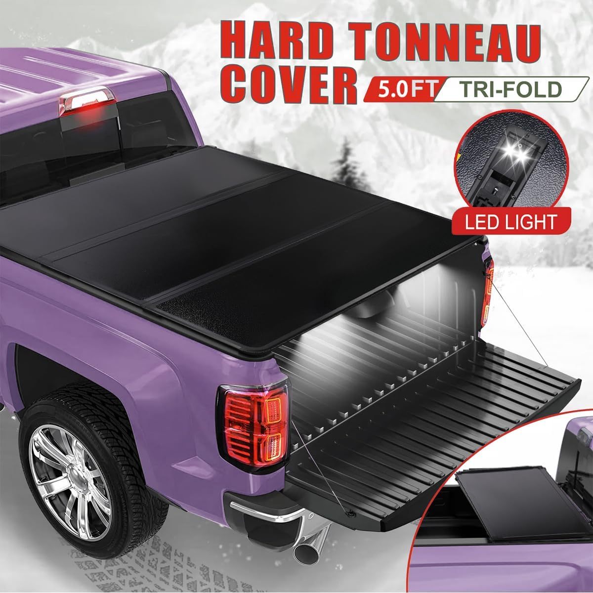 Hard Tri-Fold Style Bed Tonneau Cover W/LED Fits 2015-2024 Chevy Colorado 5FT Truck Bed