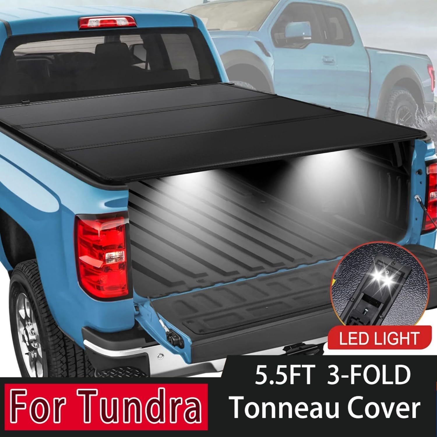 5.5FT Foldable Hard Tonneau Cover Truck Bed for 2007-2024 Toyota Tundra with LED Tri Fold Style