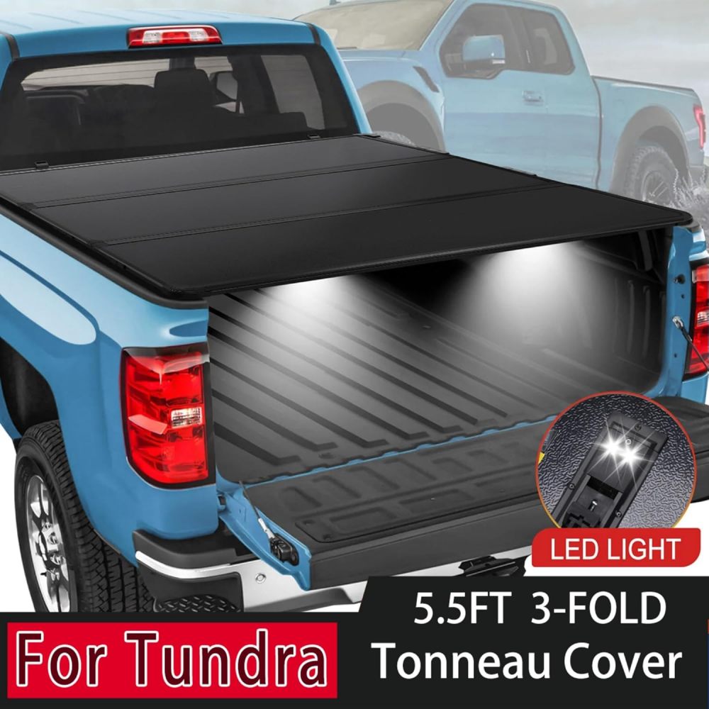 5.5FT Foldable Hard Tonneau Cover Truck Bed for 2007-2024 Toyota Tundra with LED Tri Fold Style
