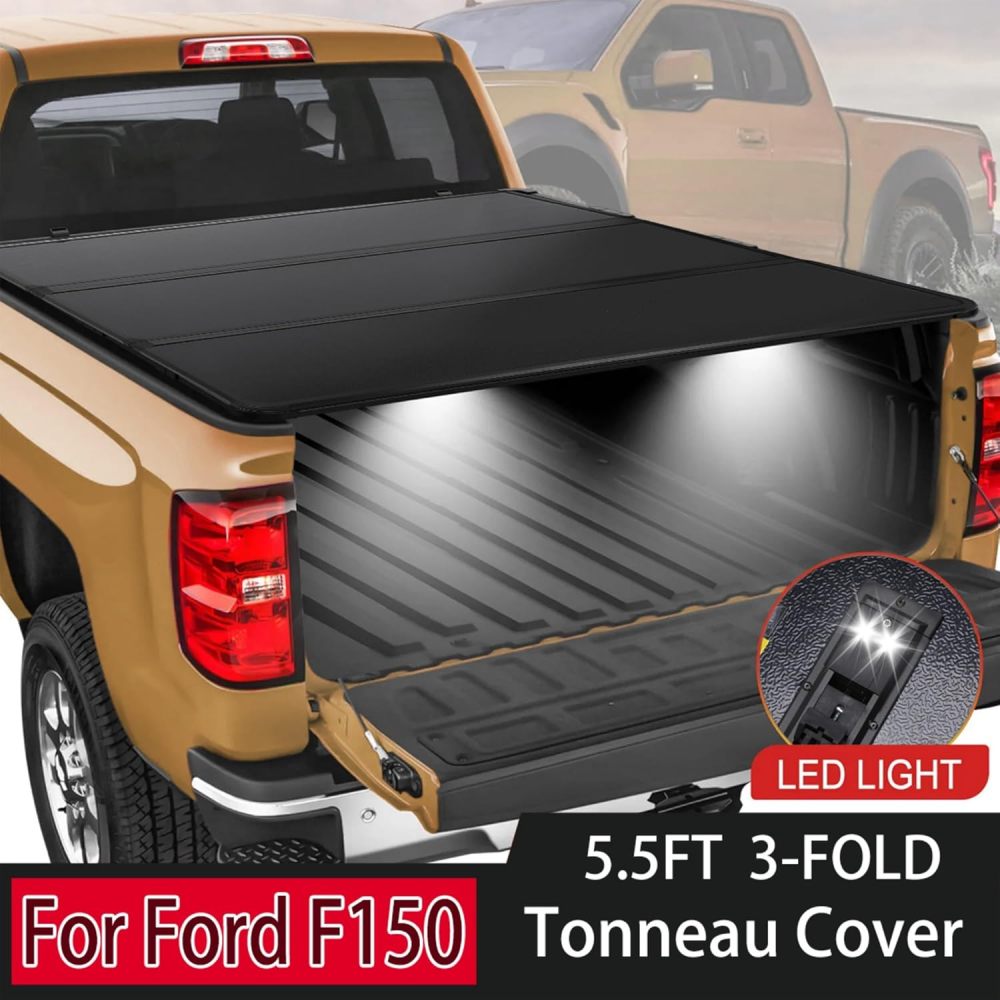 5.5FT Tri-fold Hard Folding Truck Bed Tonneau Cover Fits for 2004-2024 Ford F150 W/LED