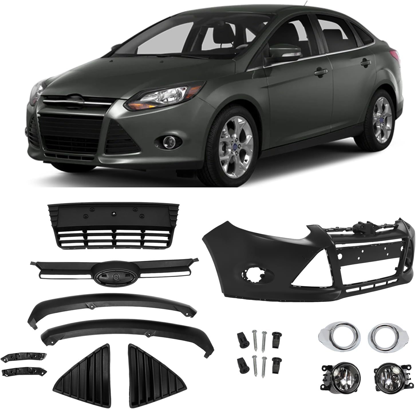 14Pcs Front Bumper Complete Cover Set w/Fog Lamp Fits For Ford Focus 2012 2013 2014