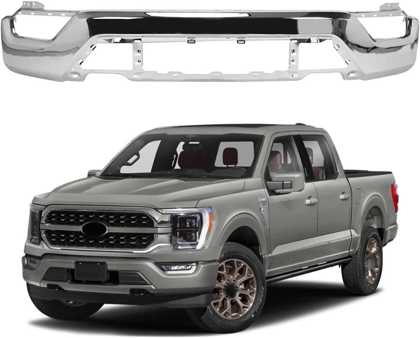 Front Bumper Face Bar Compatible with Ford F150 F-150 2021 2022 2023 W/o Sensor Holes, Chrome Steel Front Bumper Replacement for ML34-17757-FML3Z17757G