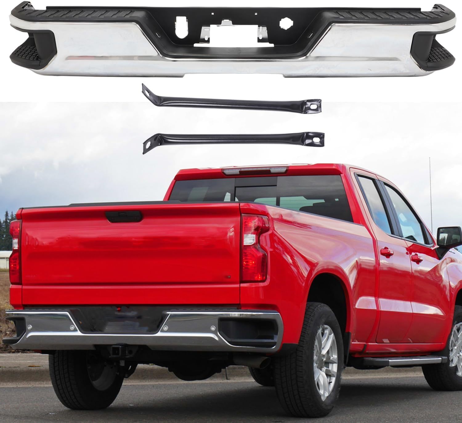 For 2019-2023 Chevy Silverado 1500 GMC Sierra 1500 Rear Step Bumper Assembly Chrome Steel Without/Exhaust Without/Sensors Replacement