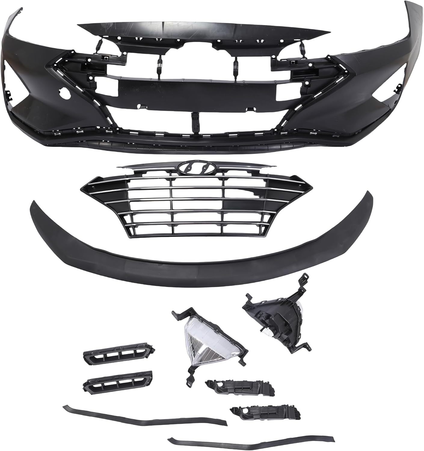 Front Bumper Cover Set W/Lamps & Grill Assembly Black For 2019 2020 Hyundai Elantra