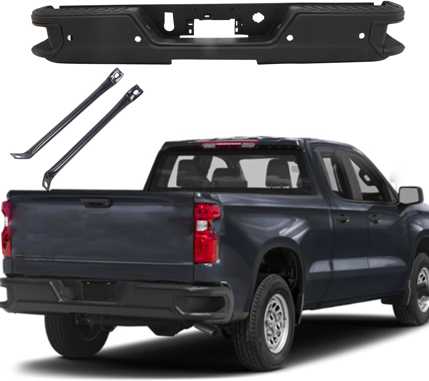 Rear Step Bumper Assembly For 2019-2023 Chevy Silverado GMC Sierra 1500 without/Dual Exhaust W/Park Sensor Holes Black Bumper Replacement