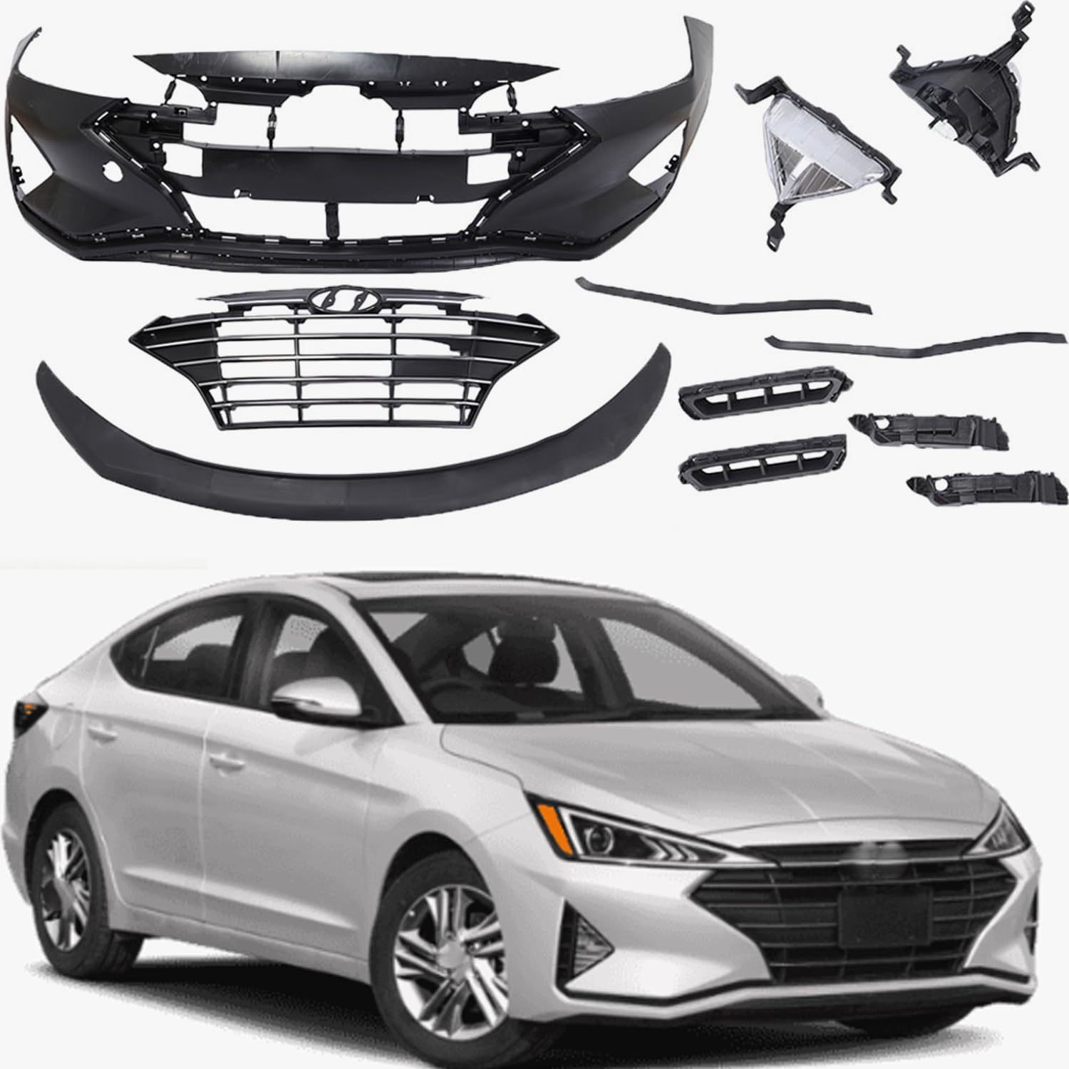 Front Bumper Cover Set W/Lamps & Grill Assembly Black For 2019 2020 Hyundai Elantra