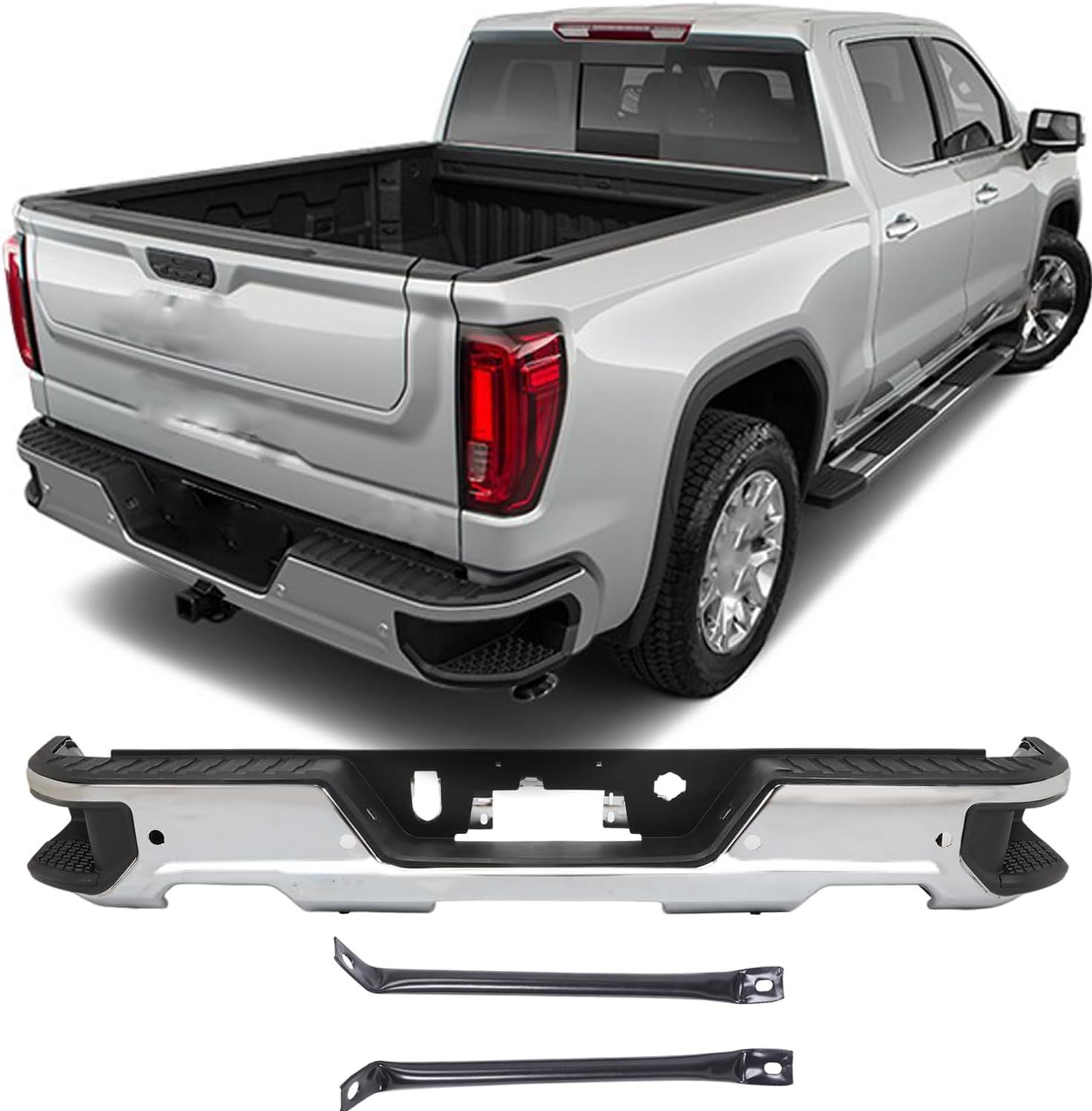 Fits For 2019-2023 Chevy Silverado GMC Sierra 1500 Classic Chrome Steel Rear Bottom Bumper Face Bar w/Sensor + w/Exhaust Hole