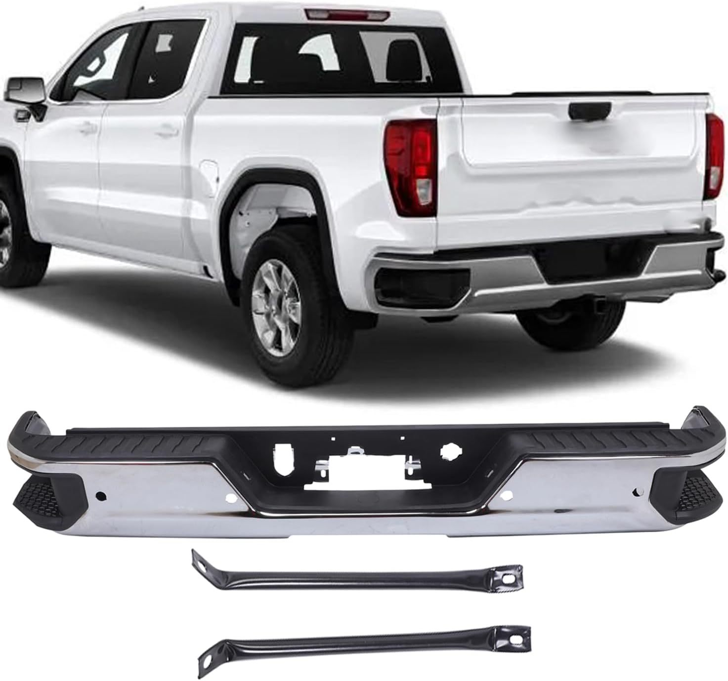 Front Bumper Face Bar Compatible For 2019-2023 Chevy Silverado GMC Sierra 1500 Classic w/Exhaust Hole & without/Park Assist Sensor Holes Chrome Steel