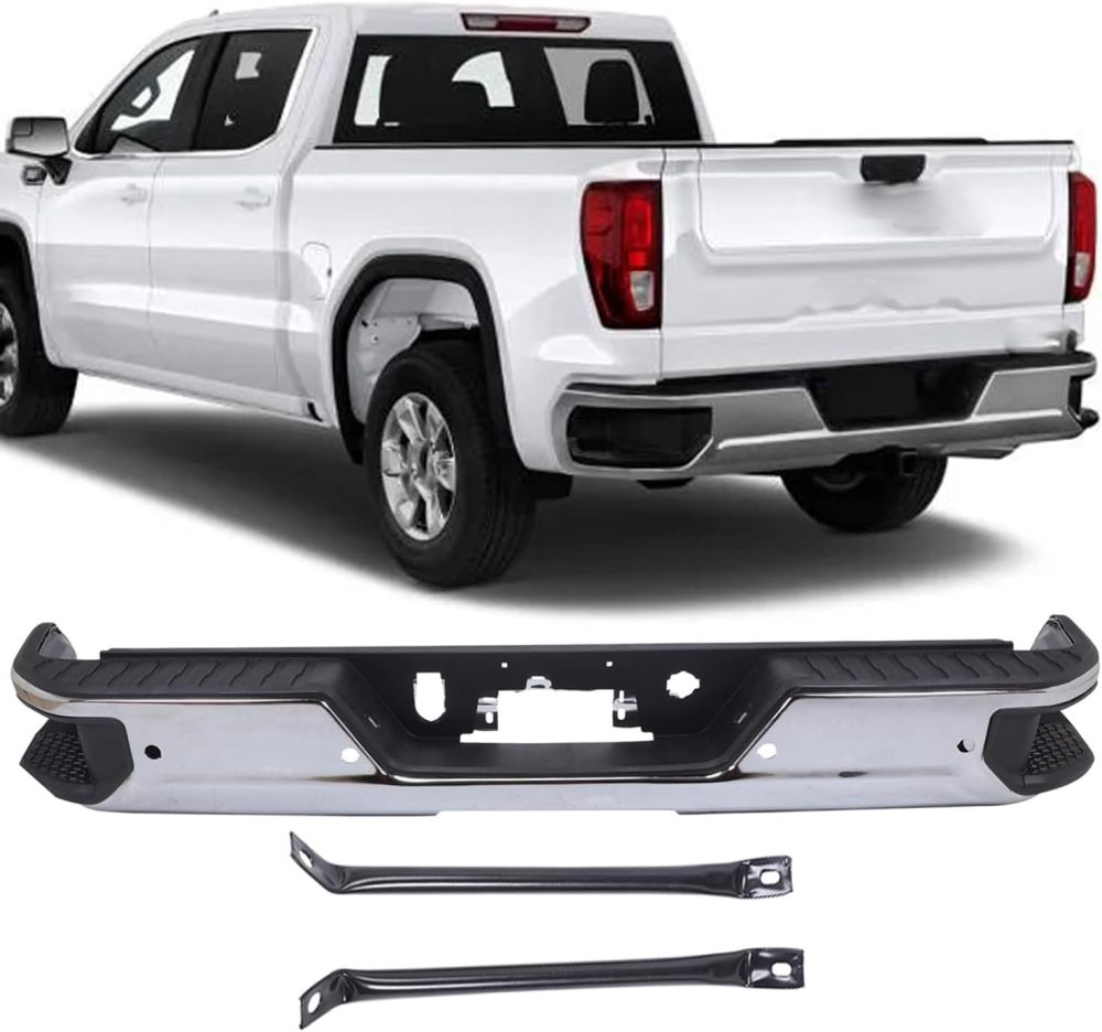 Front Bumper Face Bar Compatible For 2019-2023 Chevy Silverado GMC Sierra 1500 Classic w/Exhaust Hole & without/Park Assist Sensor Holes Chrome Steel