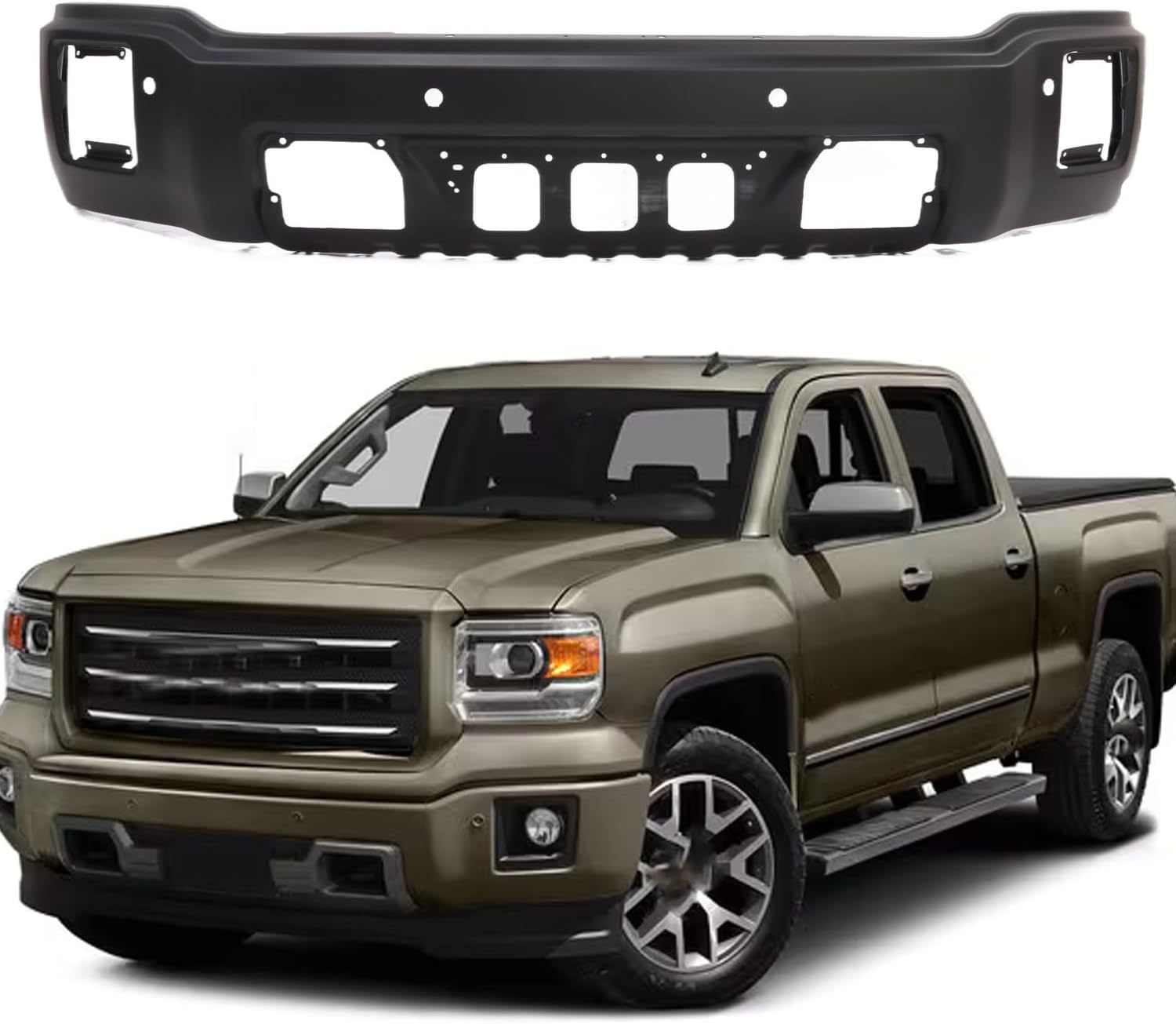 Replacement Front Bumper Steel For 2014-2015 GMC Sierra 1500 Black W/Sensor Fog Hole OE 22902310 |Chrome Silver without Sensor Holes OE 22902307