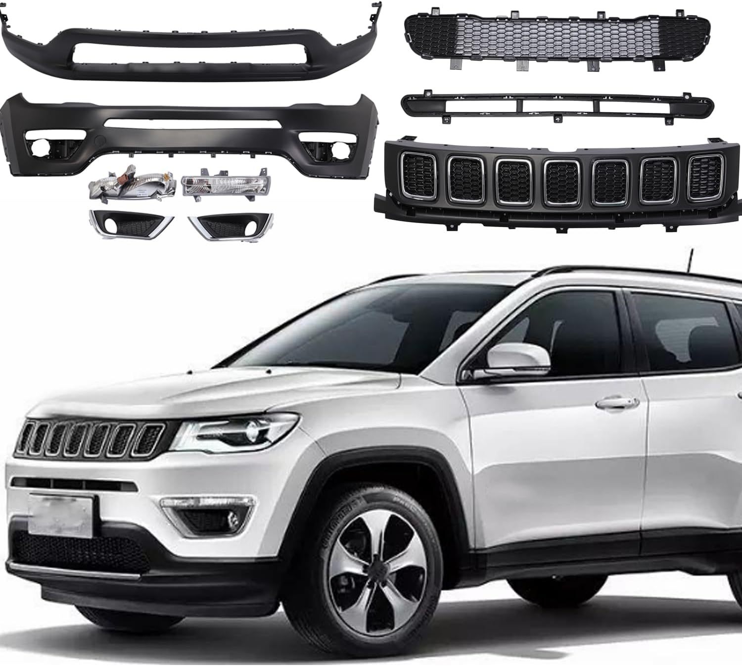 Plastic Front Bumper Cover Group Upper & Lower Grille Set Replacement For 2017-2022 Jeep Compass OE 68351154AA,68351154AD