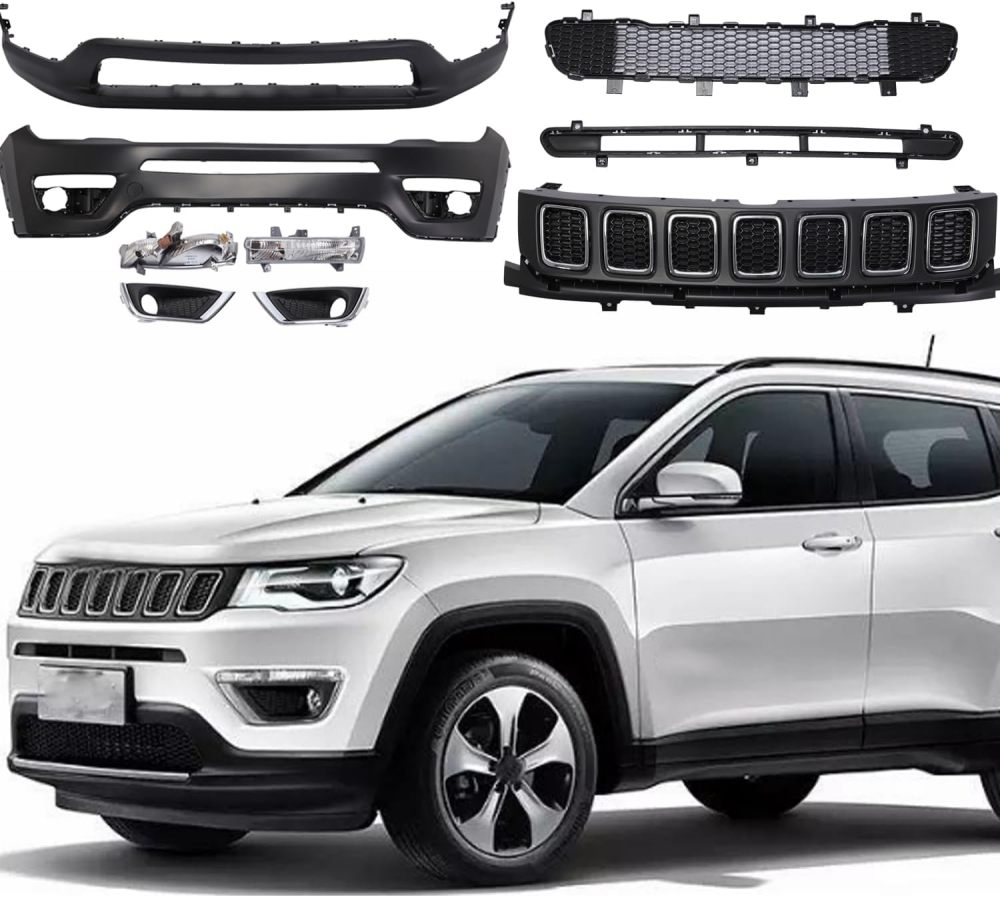 Plastic Front Bumper Cover Group Upper & Lower Grille Set Replacement For 2017-2022 Jeep Compass OE 68351154AA,68351154AD