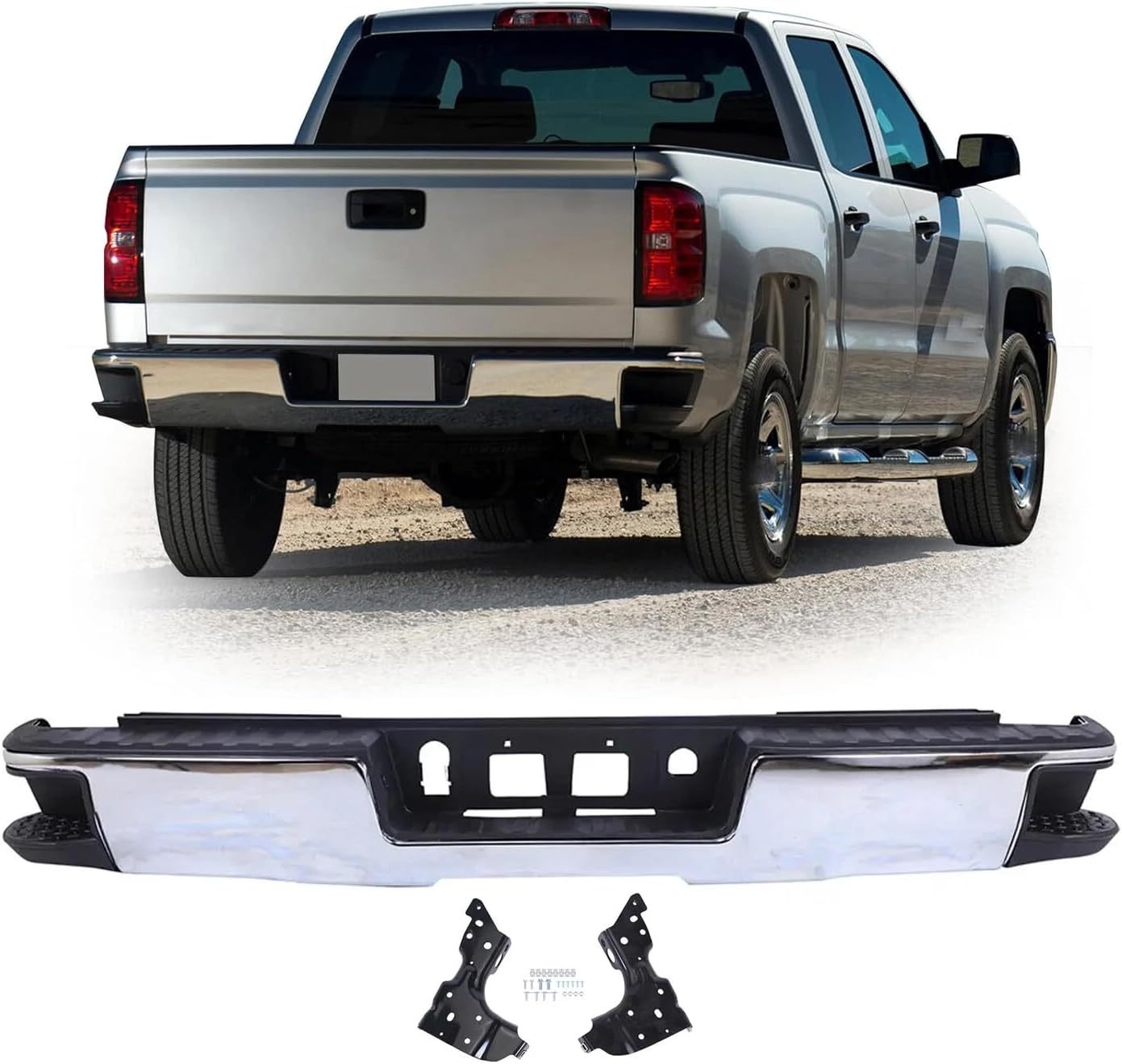 Chrome Steel Rear Bumper Face Bar W/Sensor Holes Fits For 2014-2018 Chevy Silverado GMC Sierra 1500， GM1103183