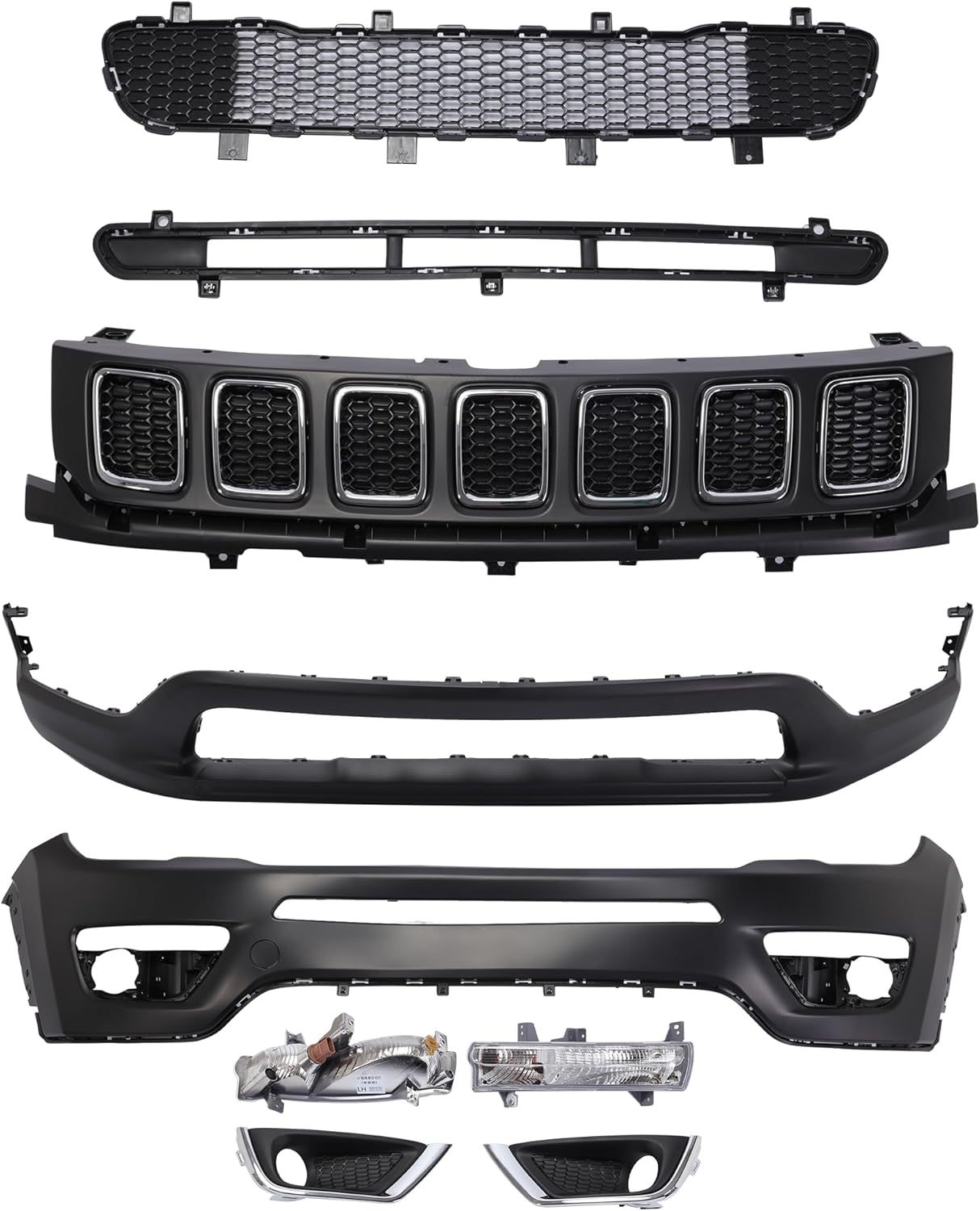 Plastic Front Bumper Cover Group Upper & Lower Grille Set Replacement For 2017-2022 Jeep Compass OE 68351154AA,68351154AD