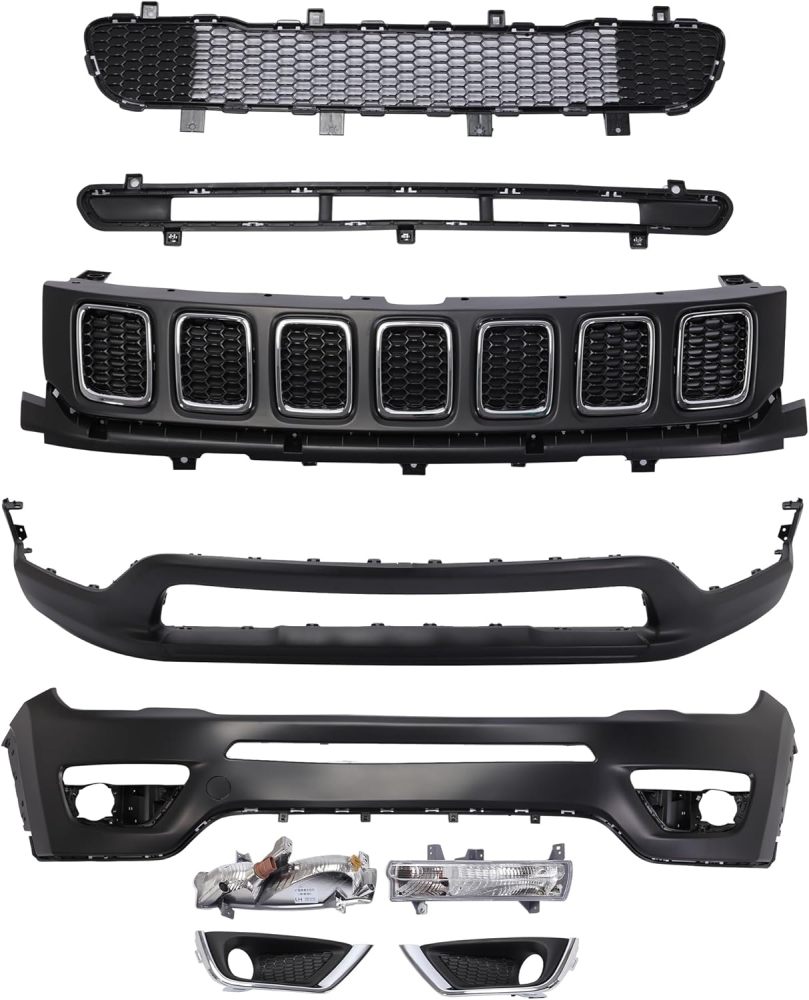 Plastic Front Bumper Cover Group Upper & Lower Grille Set Replacement For 2017-2022 Jeep Compass OE 68351154AA,68351154AD
