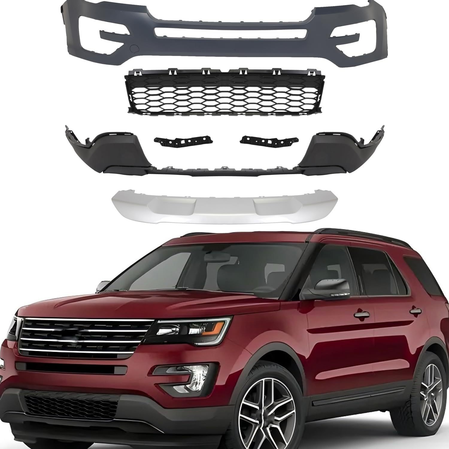 Front Bumper Cover Upper Lower Grille Complete Assembly Black Fit For 2016 2017 Ford Explorer OE 84612436