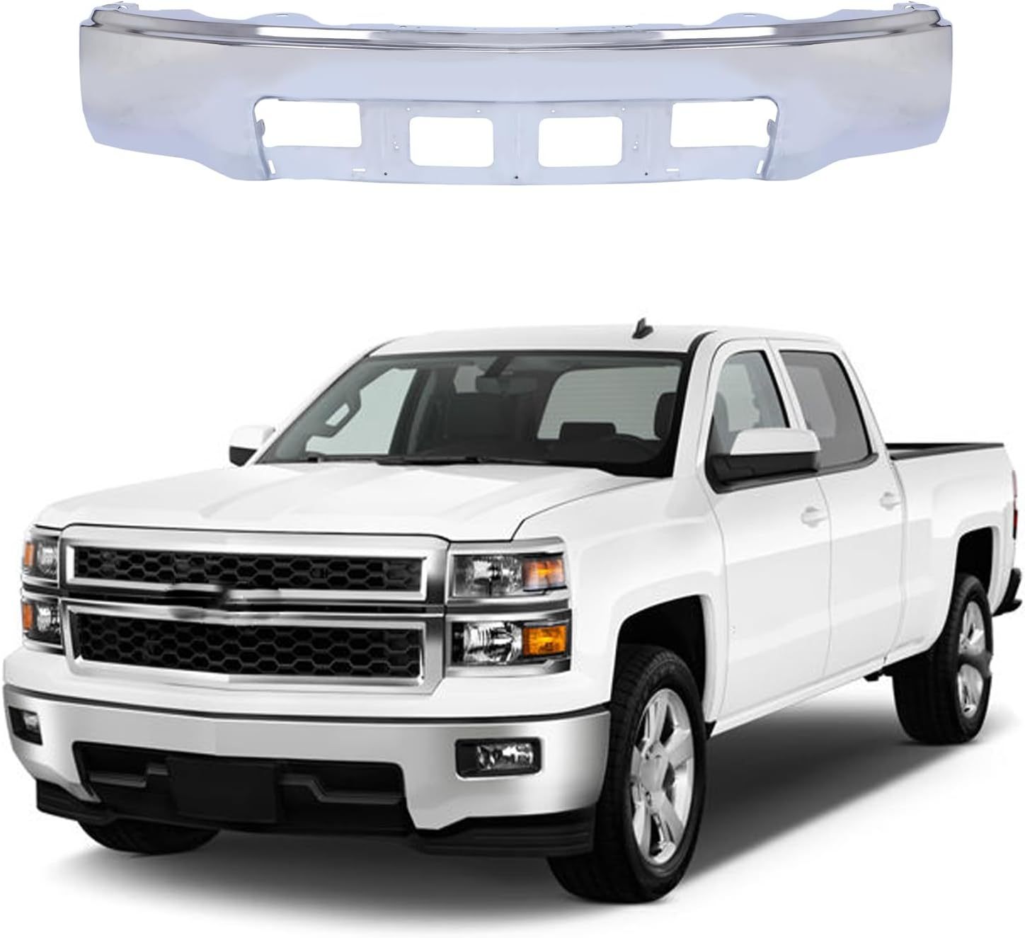 Compatible with 2014 2015 Chevrolet Silverado 1500 Chrome Front Bumper Face Bar w/o Fog Light & Sensor Hole Steel Replacement for 23173677