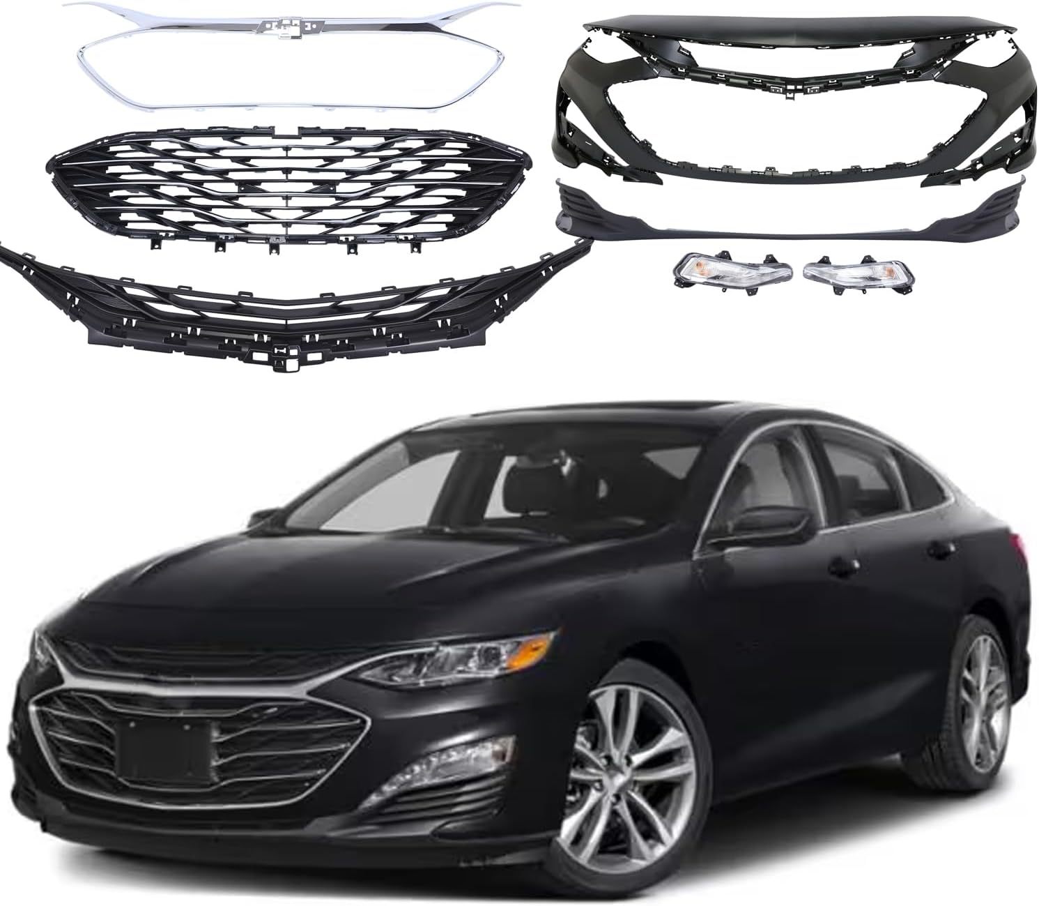 Front Bumper Assembly Replacement with Upper & Lower Grille Fog Lights For 2019 2020 2021 2022 2023 2024 Chevrolet Chevy Malibu