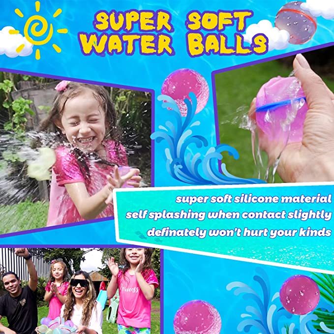 Reusable Water Balloons，Soft Silicone Water Balls Quick Fill Self Sealing ,Splash Waterfall Balls for Family Fun Swimming Pool Toys,Outside Fight Game Toy for Kids,Teens,Adults