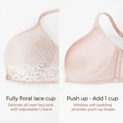 Paerlan Push-up Mesh Nylon U-back Add 1 Cup Bra & Brief Sets Lace Underwear Set for Sexy Women