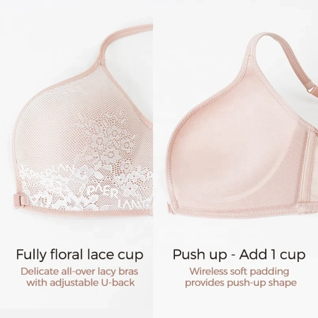 Paerlan Push-up Mesh Nylon U-back Add 1 Cup Bra & Brief Sets Lace Underwear Set for Sexy Women
