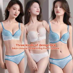 Paerlan Push-up Mesh Nylon U-back Add 1 Cup Bra & Brief Sets Lace Underwear Set for Sexy Women
