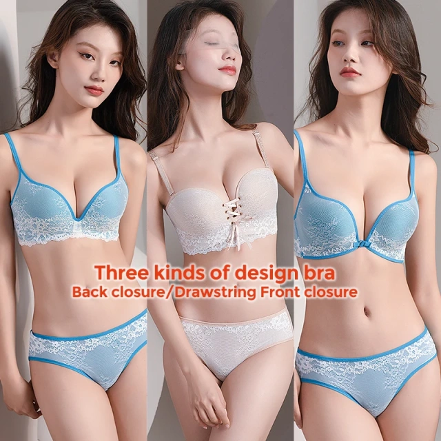 Paerlan Push-up Mesh Nylon U-back Add 1 Cup Bra & Brief Sets Lace Underwear Set for Sexy Women