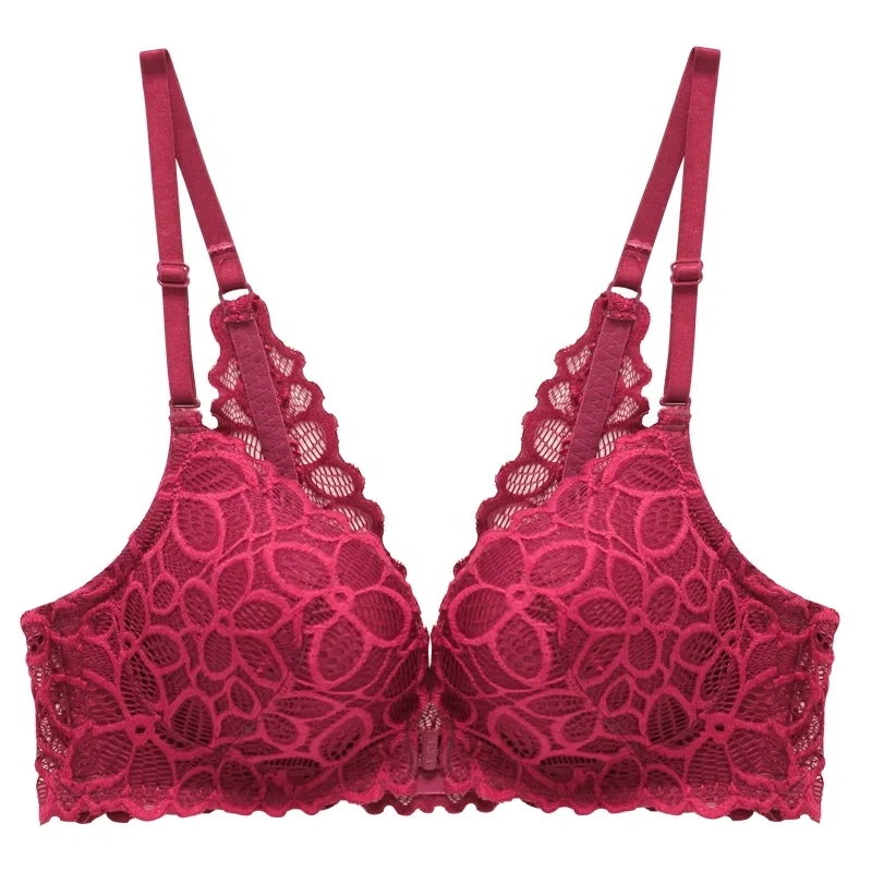 In Stock Front Closure Custom Triangle Women Deep Cup Bra  Back Sexy Lace Beauty Push up Bra