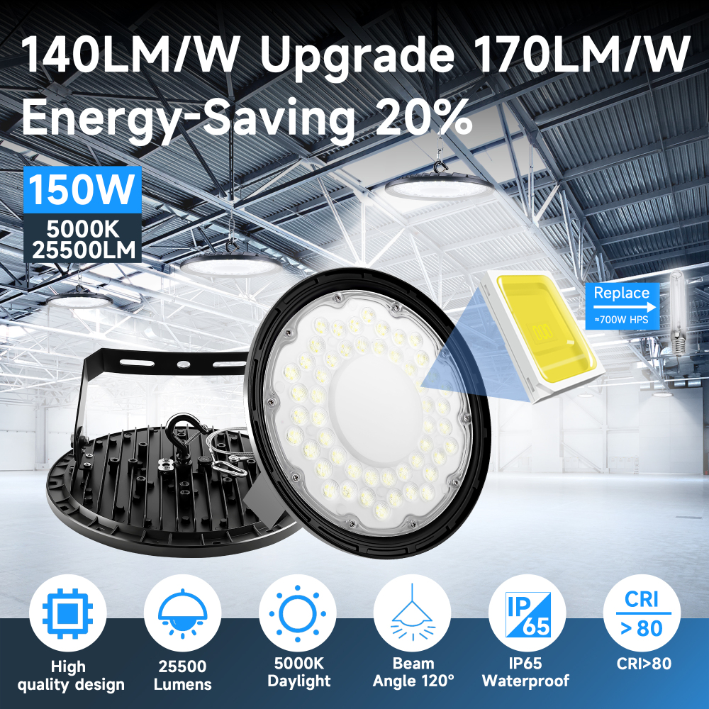 BASCA 150W UFO High Bay 5000K 25500LM丨U Bracket 丨 with 5' Cable (US Plug) 丨IP65 Waterproof Lamp
