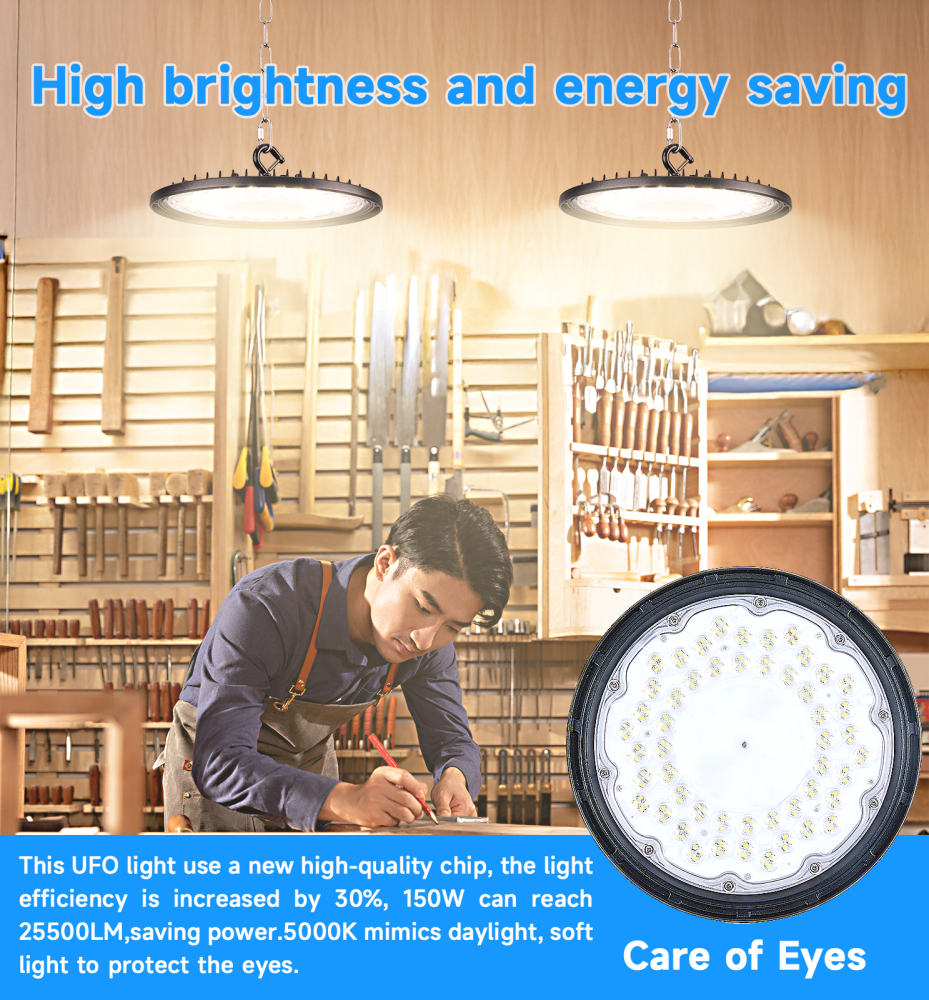 BASCA 150W UFO High Bay 5000K 25500LM丨U Bracket 丨 with 5' Cable (US Plug) 丨IP65 Waterproof Lamp