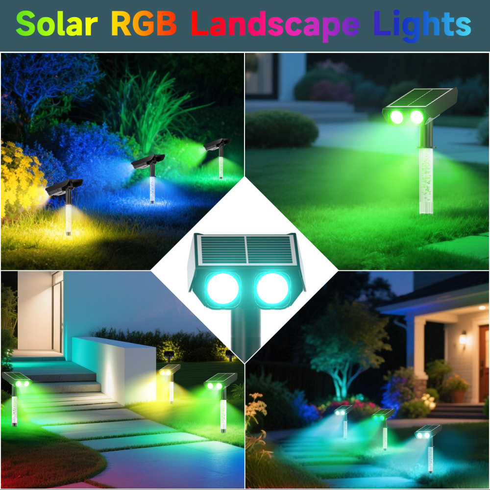 RGB Solar Spot Lights : 2 IN 1 Solar Lights Outdoor with 8 Lighting Modes & PC Light Guide Column for Tree Garden Yard Pathway | RGB Color Changing Landscape Lights | IP65 Waterproof | 4/6/12 Pack