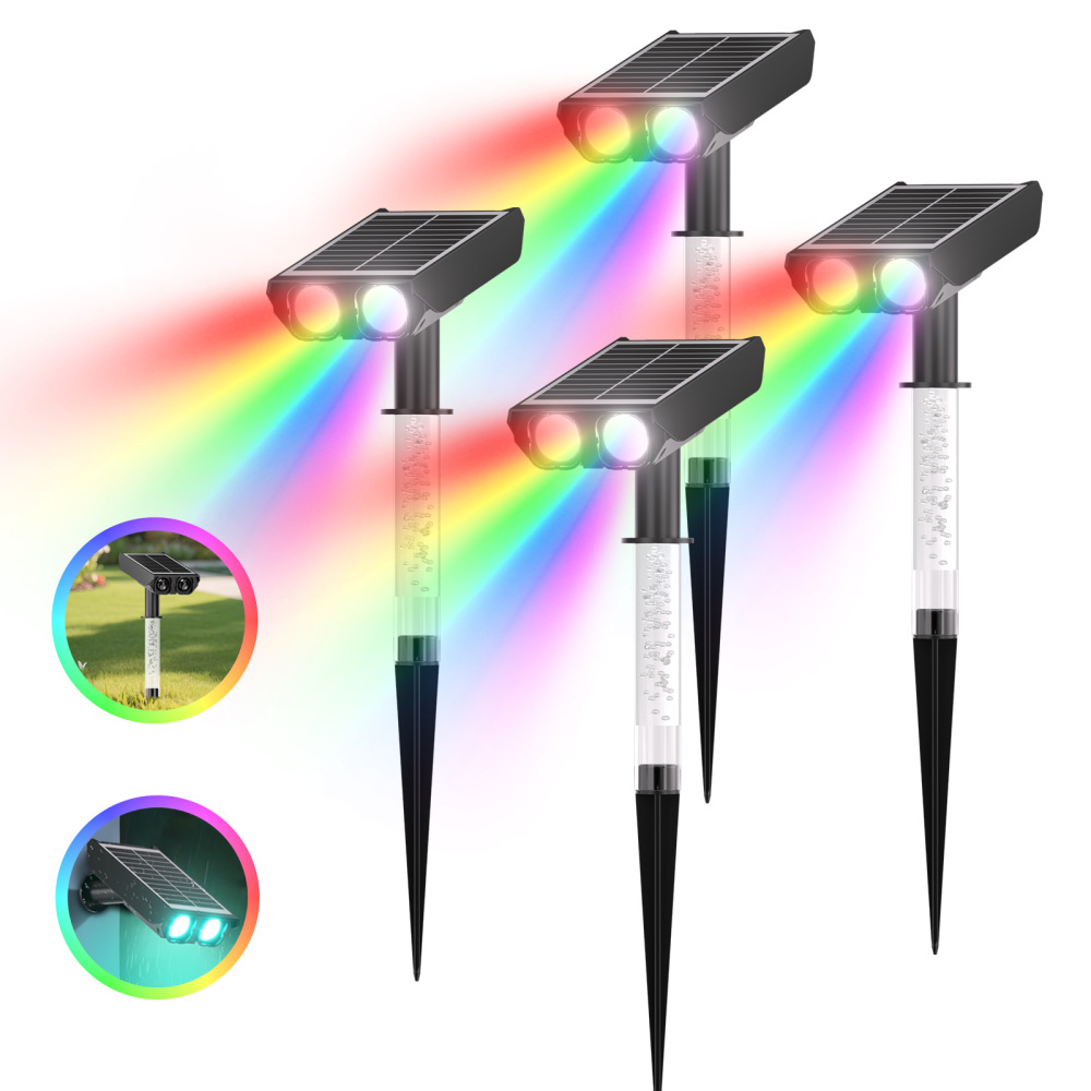 RGB Solar Spot Lights : 2 IN 1 Solar Lights Outdoor with 8 Lighting Modes & PC Light Guide Column for Tree Garden Yard Pathway | RGB Color Changing Landscape Lights | IP65 Waterproof | 4/6/12 Pack