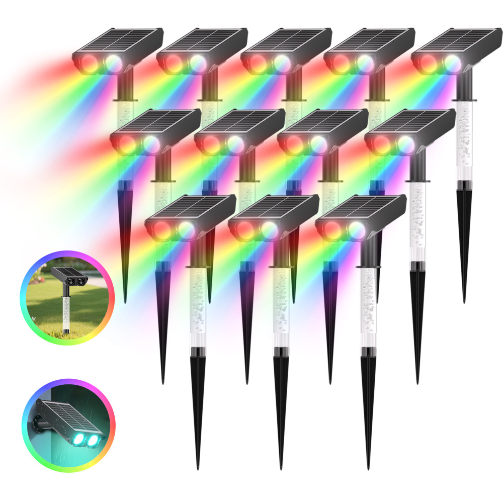 RGB Solar Spot Lights : 2 IN 1 Solar Lights Outdoor with 8 Lighting Modes & PC Light Guide Column for Tree Garden Yard Pathway | RGB Color Changing Landscape Lights | IP65 Waterproof | 4/6/12 Pack