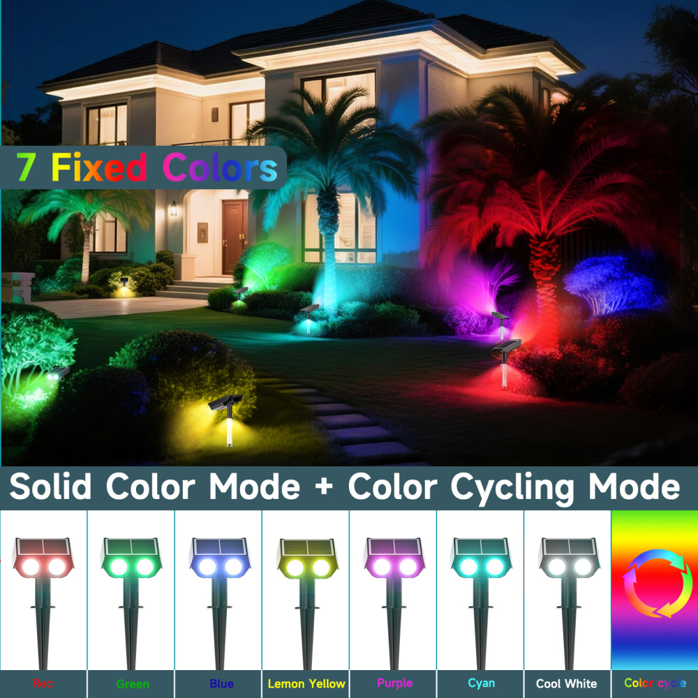 RGB Solar Spot Lights : 2 IN 1 Solar Lights Outdoor with 8 Lighting Modes & PC Light Guide Column for Tree Garden Yard Pathway | RGB Color Changing Landscape Lights | IP65 Waterproof | 4/6/12 Pack