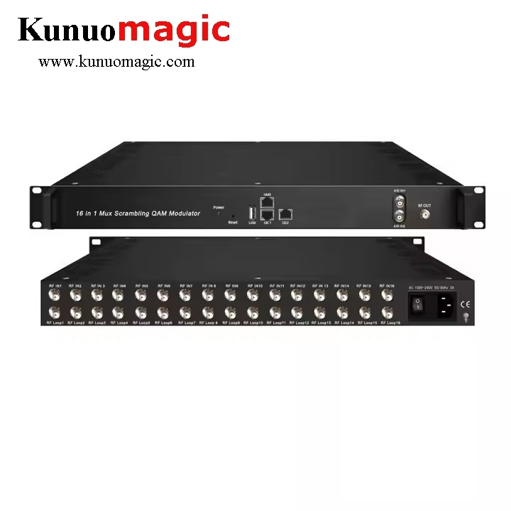 24 in 1 Mux-scrambling QAM modulator tuner DVB-C DVB-T/-T2 -S/-S2/S2X ATSC ISDB-T ASI DVB-C RF output QAM modulator