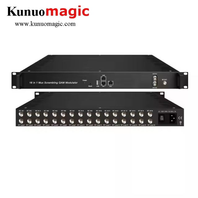24 in 1 Mux-scrambling QAM modulator tuner DVB-C DVB-T/-T2 -S/-S2/S2X ATSC ISDB-T ASI DVB-C RF output QAM modulator