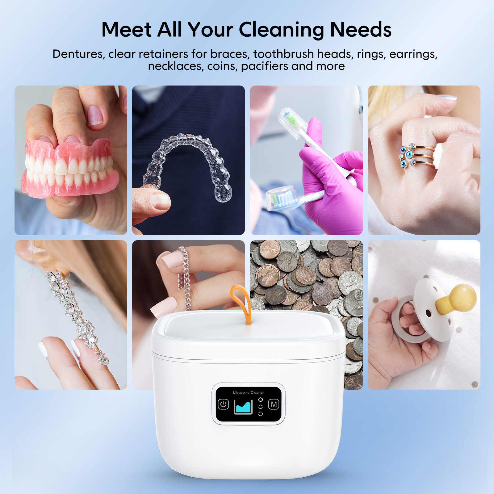 OEM IPX7 Waterproof Ultrasonic UV Dental Cleaner With 225ml Stainless Tank Household Dental Pod Ultrasonic Cleaner for Aligner