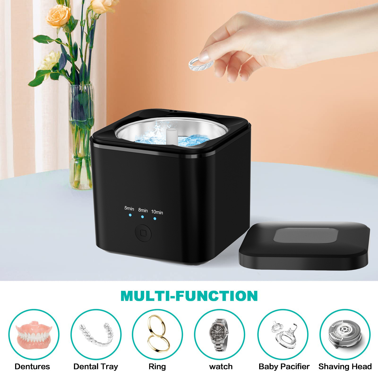 OEM New IPX7 Waterproof Ultrasonic UV Dental Cleaner With 230ml Stainless Tank Household Dental Pod Ultrasonic Cleaner