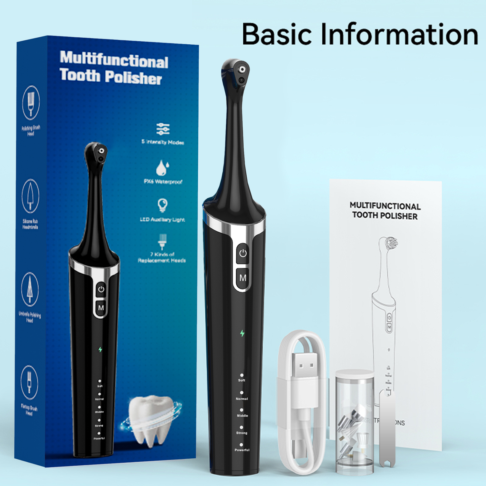 Rechargeable Tooth Polisher Kit for Daily Cleaning, Whitening and Polishing, Electric Dental Teeth Polisher with LED Light