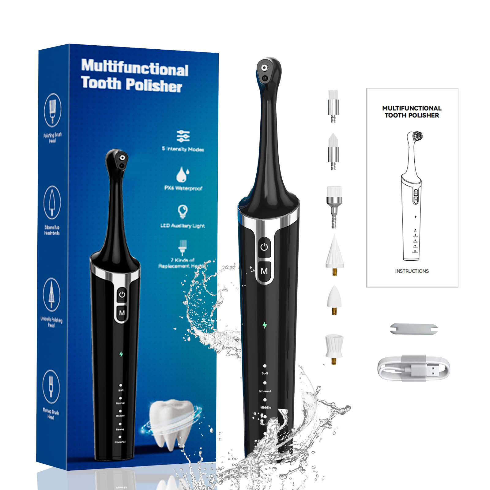 Rechargeable Tooth Polisher Kit for Daily Cleaning, Whitening and Polishing, Electric Dental Teeth Polisher with LED Light
