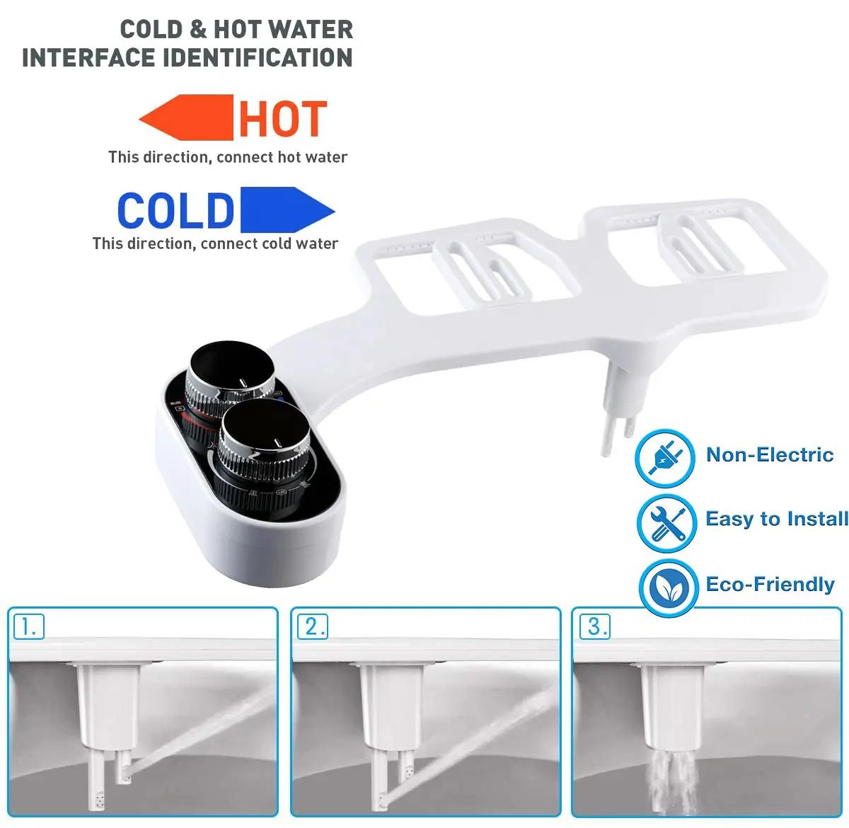 Cold and Hot Water Plastic Toilet Bidet Attachment with Non-electric Super Slim Dual Nozzles Self-cleaning,Cold and Hot Water Plastic Toilet Bidet Attachment,Purithm