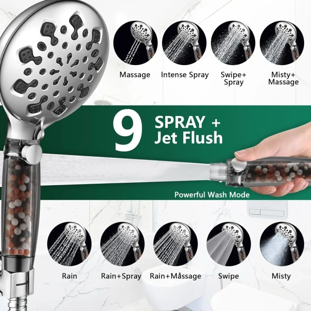 9 Spray Modes+Jet Flush Filtered Shower Head for Hard Water High Pressure Filtered Detachable Showerhead,Filtered Shower Head for Hard Water High Pressure Filtered Shower head,Purithm