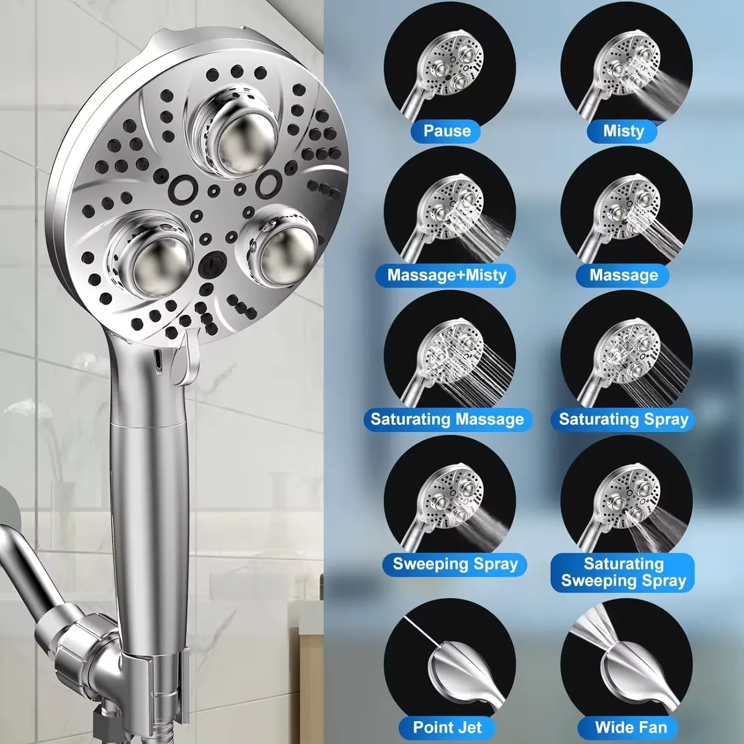 10 Settings Filter Shower Head with Massaging Ball High Pressure Shower Set with Hose and Bracket,Filter Shower Head with Massaging Ball showerhead with filtration,Purithm