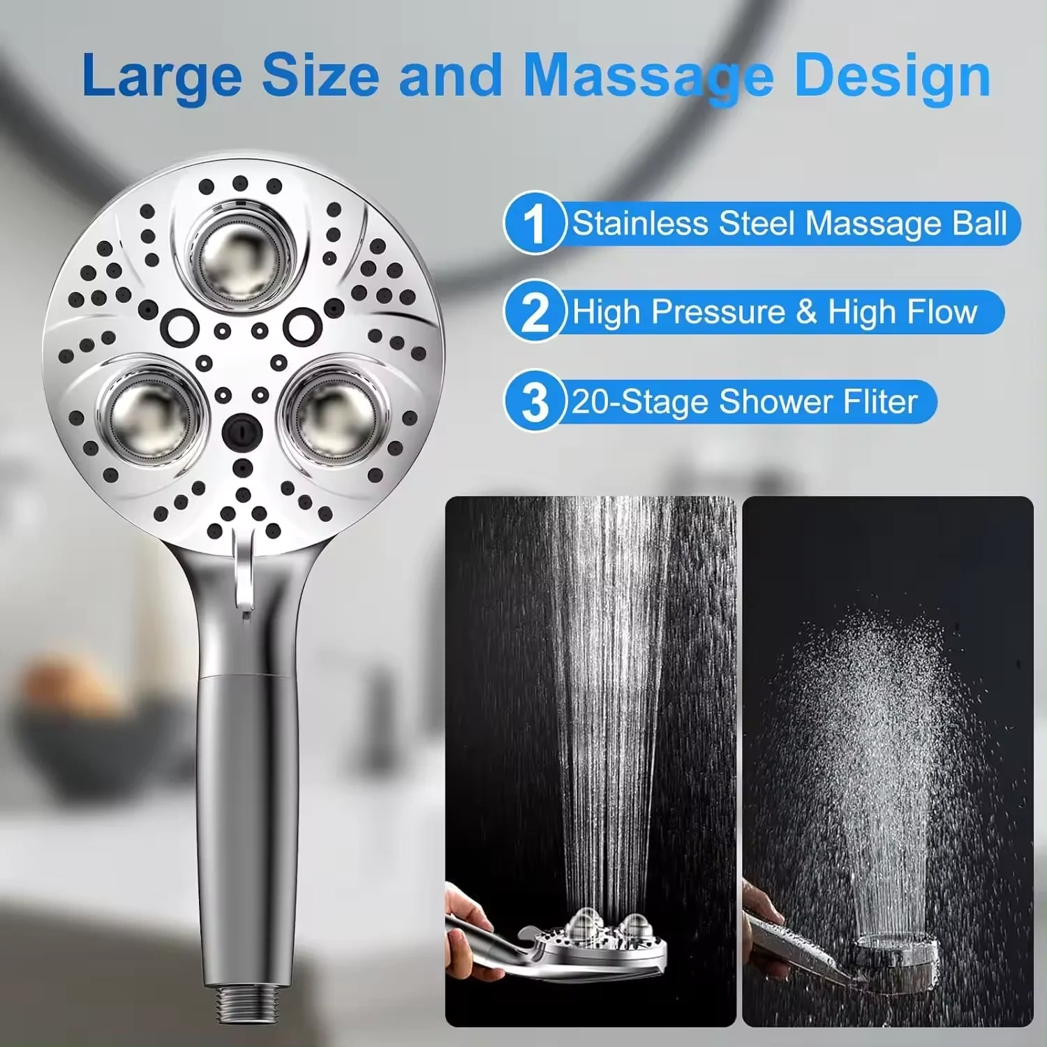 10 Settings Filter Shower Head with Massaging Ball High Pressure Shower Set with Hose and Bracket,Filter Shower Head with Massaging Ball showerhead with filtration,Purithm