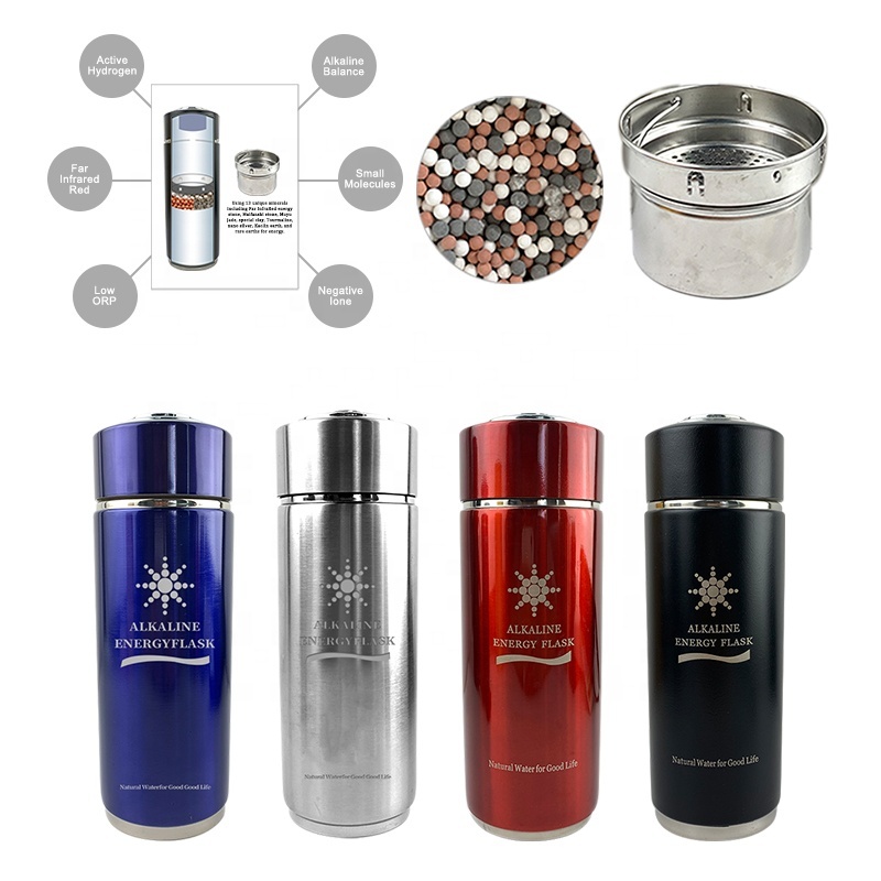 Wholesale Health Nano Energy Alkaline Water Flask pH 9.5+ Stainless Steel Alkaline Hydrogen Thermos Water Bottle water cup,OEM customized Alkaline water bottle with 7 water filter,Purithm